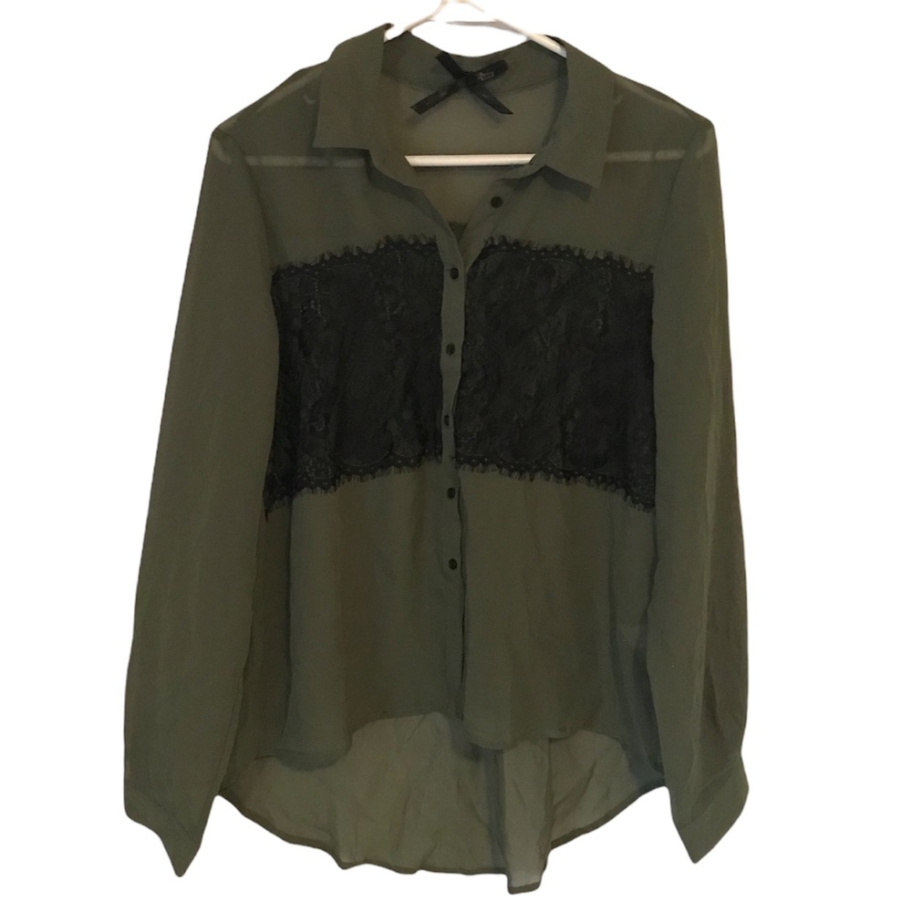 Sheer Green Button Down Shirt with Black Lace